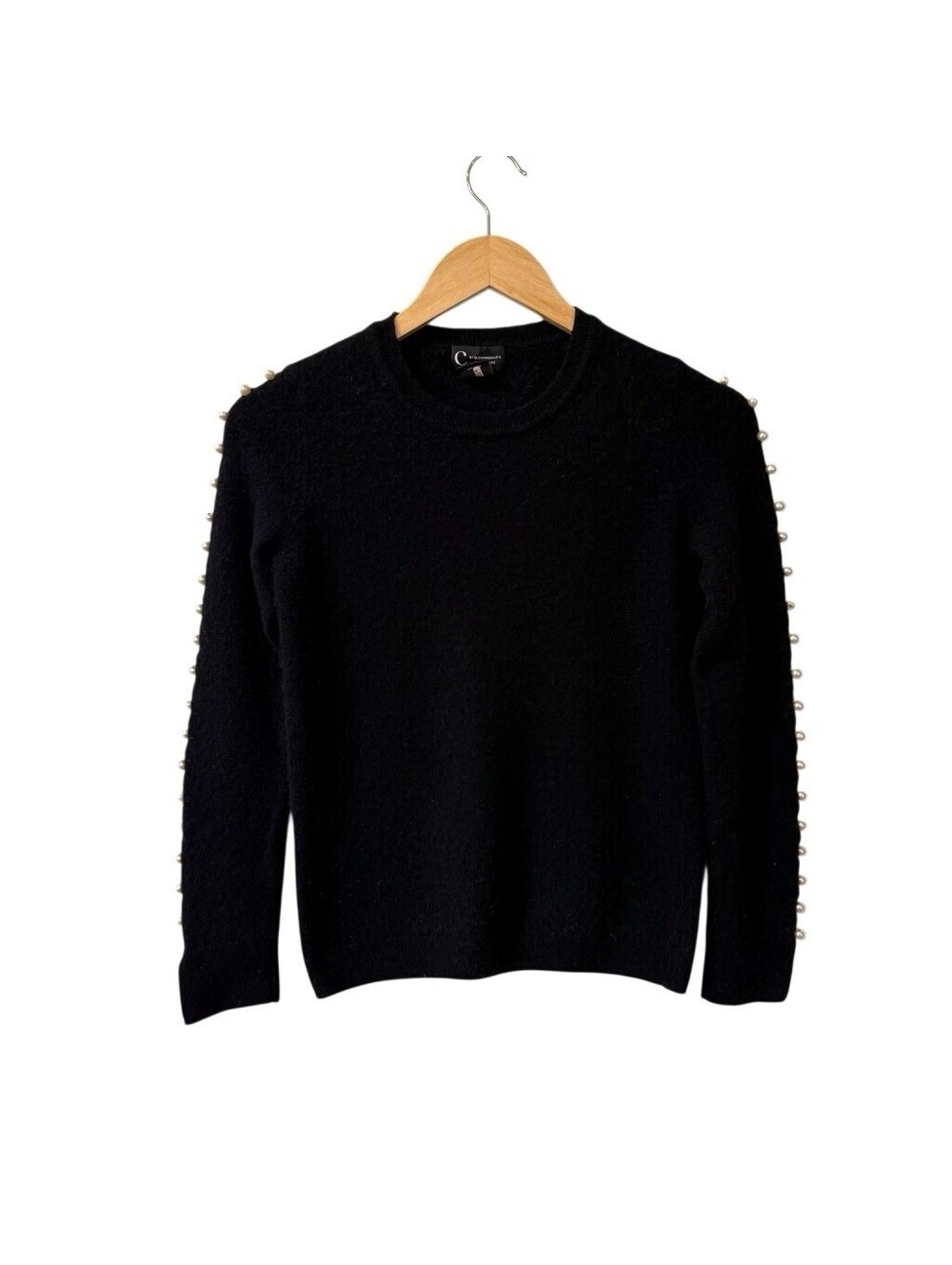 C by Bloomingdale's Embellished Pearl Sleeve Cashmere Crew Neck Sweater Black